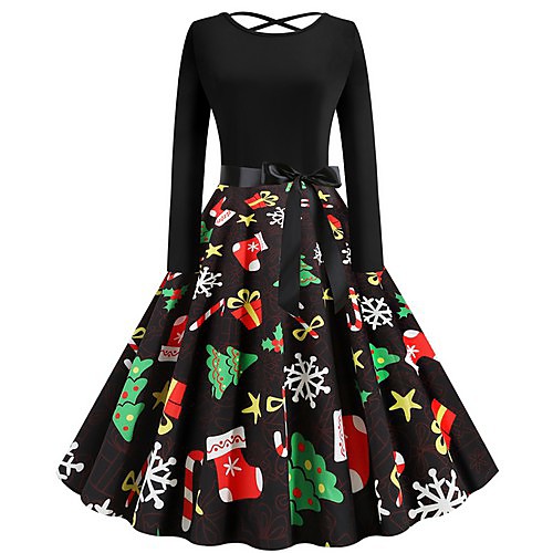 

Women's A Line Dress Short Mini Dress Black Long Sleeve Geometric Round Neck Christmas Party S M L XL XXL