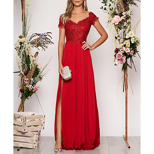 

A-Line Empire Prom Formal Evening Dress V Neck Short Sleeve Floor Length Chiffon with Sequin Appliques Split Front 2021