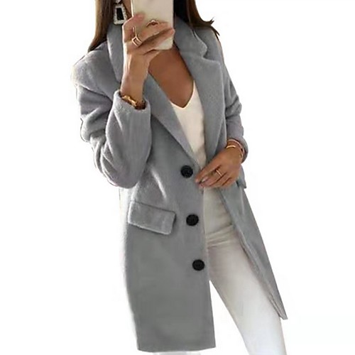 

Women's Coat Daily Fall & Winter Long Coat Notch lapel collar Regular Fit Jacket Long Sleeve Solid Colored Blue Blushing Pink