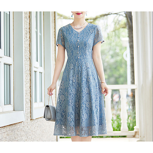 

Women's Sheath Dress Knee Length Dress Blue Short Sleeve Blue Solid Colored Fall Round Neck Going out Lace L XL XXL 3XL 4XL / Plus Size / Plus Size