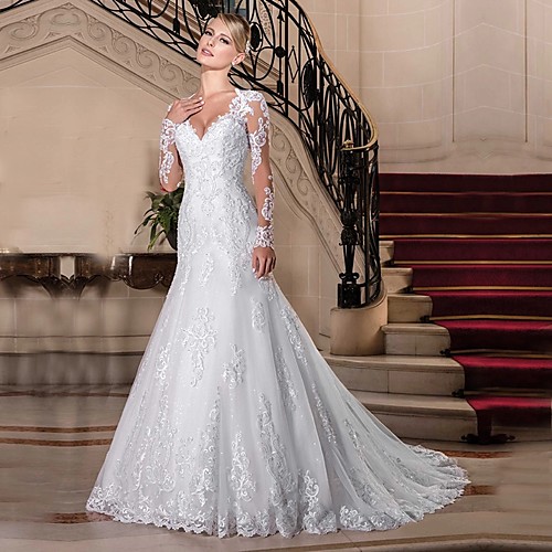 

Mermaid / Trumpet Wedding Dresses V Neck Chapel Train Lace Tulle Lace Over Satin Long Sleeve Vintage See-Through Illusion Sleeve with Beading 2021 / Bell Sleeve