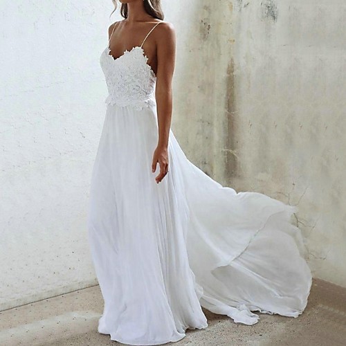 

A-Line Wedding Dresses V Neck Sweep / Brush Train Chiffon Spaghetti Strap with Lace Insert 2021