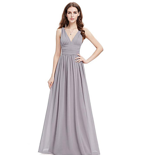 

A-Line V Neck Floor Length Chiffon Bridesmaid Dress with Pleats / Ruching