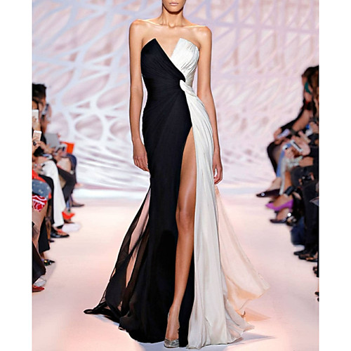 

Sheath / Column White Party Wear Formal Evening Dress Strapless Sleeveless Sweep / Brush Train Polyester with Split 2021