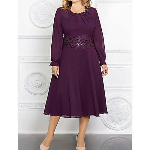 

A-Line Mother of the Bride Dress Plus Size Jewel Neck Tea Length Chiffon Long Sleeve with Appliques 2021