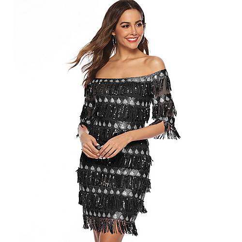 

Women's Sheath Dress Knee Length Dress Blue Blushing Pink Gold Green Black Red Half Sleeve Striped Off Shoulder Party S M L XL XXL