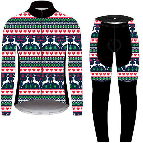 

21Grams Christmas Men's Long Sleeve Cycling Jersey with Tights - Black / Red Bike Padded Shorts / Chamois Clothing Suit UV Resistant Quick Dry Back Pocket Sports Winter Fleece 100% Polyester Mountain