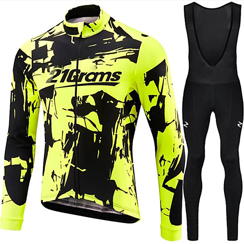 

21Grams Men's Long Sleeve Cycling Jersey with Bib Tights Green / Black Bike Clothing Suit UV Resistant Quick Dry Winter Sports Solid Color Mountain Bike MTB Road Bike Cycling Clothing Apparel