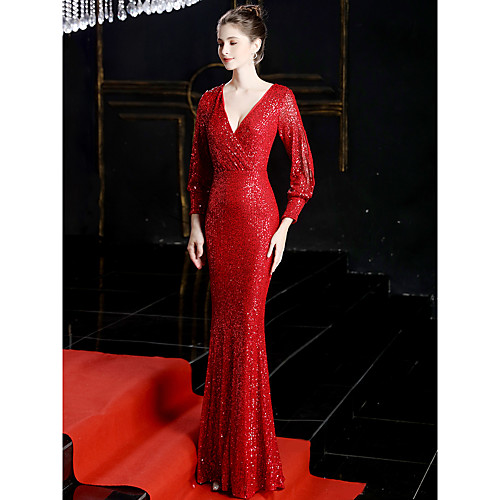 

Sheath / Column Sexy Sparkle & Shine Formal Evening Dress V Neck Long Sleeve Sweep / Brush Train Sequined with Sequin 2021