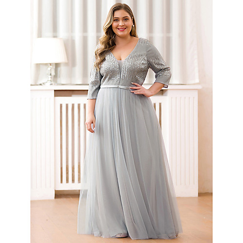 

A-Line Plus Size Wedding Guest Formal Evening Dress V Neck Half Sleeve Floor Length Satin Tulle with Pleats Sequin 2021