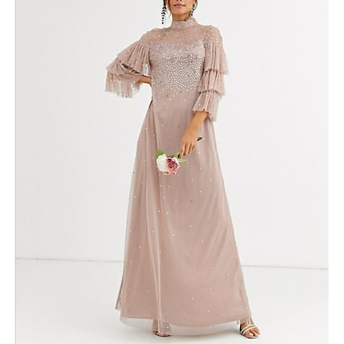 

A-Line Elegant Formal Evening Dress High Neck 3/4 Length Sleeve Floor Length Chiffon with Pleats Sequin 2021