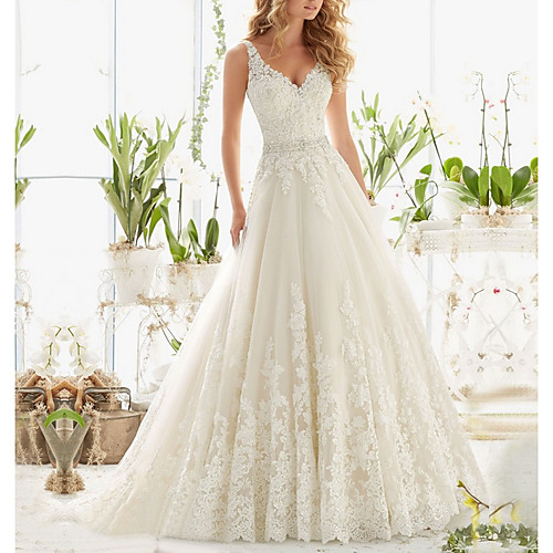 

A-Line Wedding Dresses V Neck Sweep / Brush Train Lace Regular Straps Formal Illusion Detail with Buttons Crystals Beading 2021