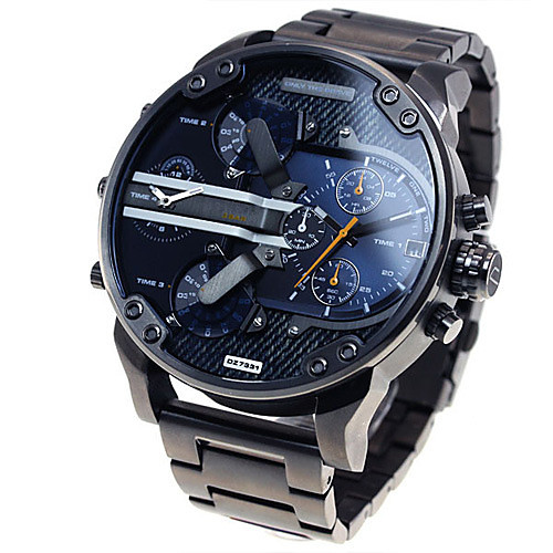 

Men's Military Watch Wrist Watch Steel Band Watches Oversized Luxury Calendar / date / day Analog Black Blue Grey / Dual Time Zones