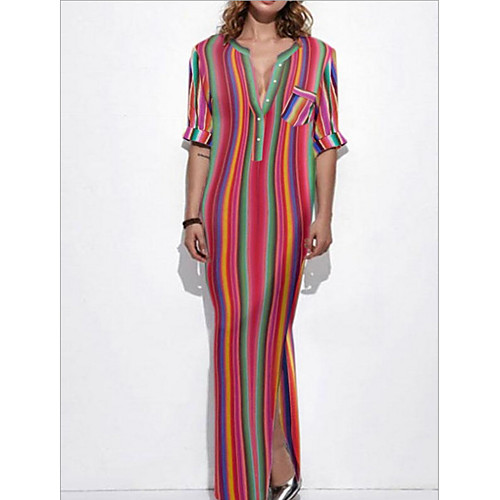 

Women's Maxi Sheath Dress - Half Sleeve Striped Deep V Red S M L XL XXL