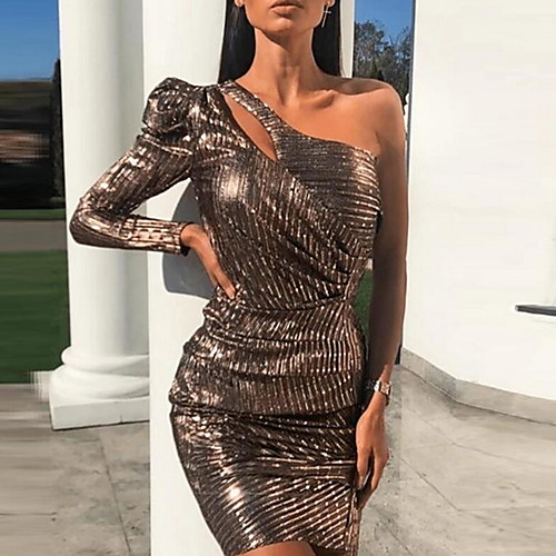 

Women's Mini Sheath Dress - Long Sleeve Solid Colored One Shoulder Elegant Slim Gold S M L XL XXL