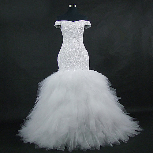 

Mermaid / Trumpet Wedding Dresses Off Shoulder Court Train Tulle Sequined Strapless Glamorous Vintage Sparkle & Shine with Beading 2021
