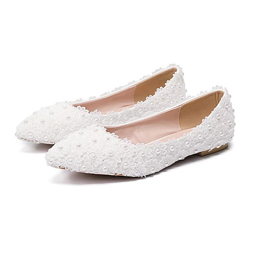 

Women's Wedding Shoes Flat Heel Pointed Toe Wedding Flats Vintage Sexy Minimalism Wedding Party & Evening PU Pearl Lace Flower Solid Colored White