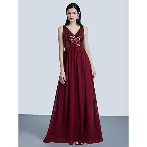 

A-Line Elegant Prom Formal Evening Dress V Neck Sleeveless Floor Length Tulle with Pleats Sequin 2021