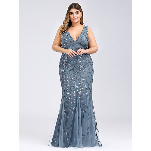 

Mermaid / Trumpet Plus Size Sexy Prom Formal Evening Dress V Neck Sleeveless Floor Length Tulle with Appliques 2021