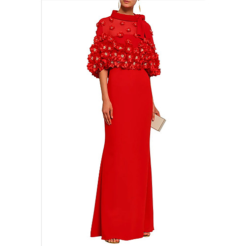 

Sheath / Column Elegant Formal Evening Dress Jewel Neck Half Sleeve Floor Length Polyester with Pleats 2021