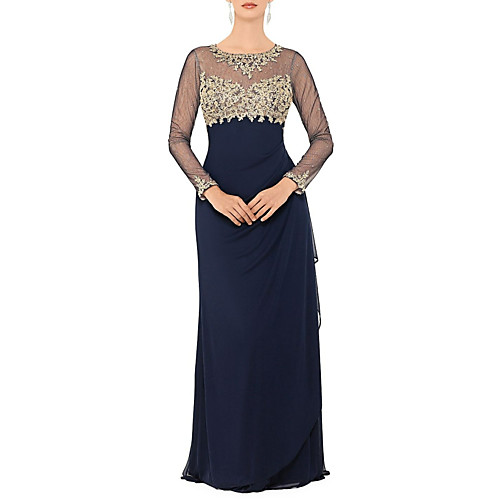 

Sheath / Column Mother of the Bride Dress Elegant & Luxurious Jewel Neck Floor Length Chiffon Long Sleeve with Beading Appliques 2021