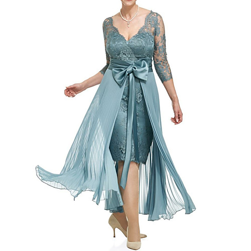 

Sheath / Column Mother of the Bride Dress Plus Size Plunging Neck Ankle Length Lace 3/4 Length Sleeve with Bow(s) Pleats 2021