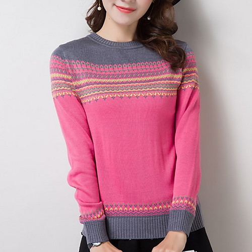 

Women's Geometric Long Sleeve Pullover Sweater Jumper, Round Neck Fuchsia / Orange / Camel S / M / L