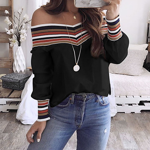 

Women's Striped Long Sleeve Pullover Sweater Jumper, Off Shoulder Black / White S / M / L