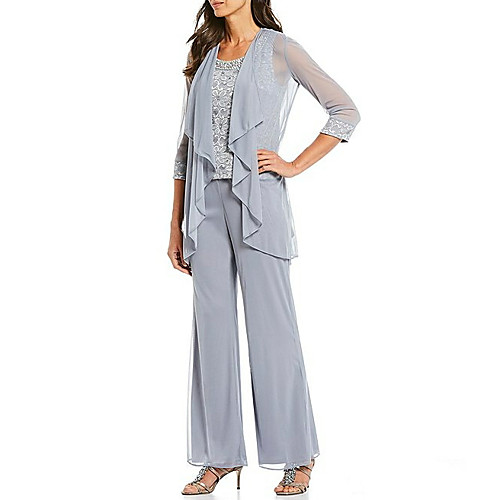 

Pantsuit / Jumpsuit Mother of the Bride Dress Plus Size Elegant Jewel Neck Ankle Length Chiffon Sleeveless with Lace Beading 2021