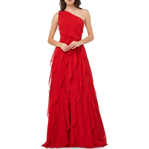

A-Line Elegant Prom Formal Evening Dress One Shoulder Sleeveless Floor Length Chiffon with Tier 2021