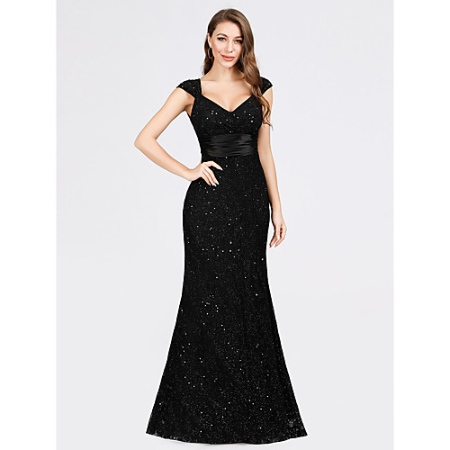 

Mermaid / Trumpet Sparkle Party Wear Formal Evening Dress V Neck Short Sleeve Floor Length Lace with Sequin 2021