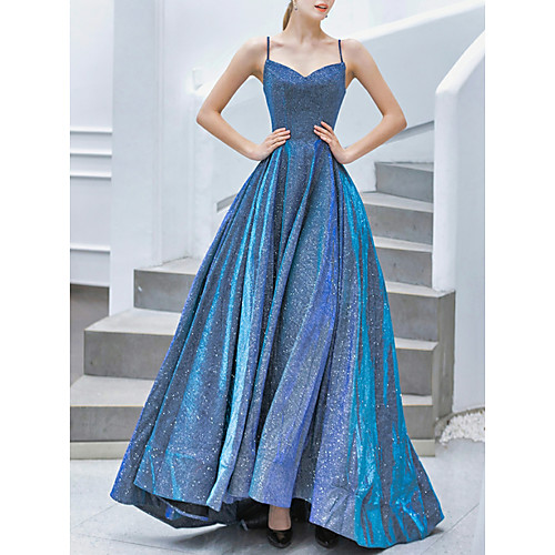 

A-Line Sparkle Prom Formal Evening Dress Spaghetti Strap Sleeveless Sweep / Brush Train Jersey with Pleats 2021