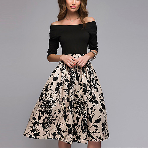 

Women's A Line Dress - 3/4 Length Sleeve Geometric Off Shoulder Basic Daily Wear Slim Beige S M L XL XXL