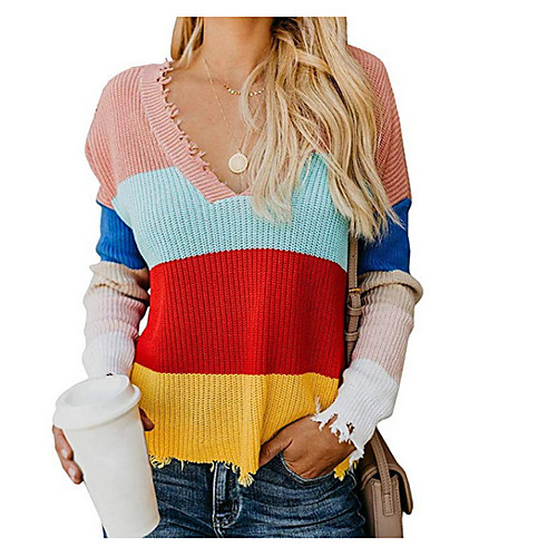 

Women's Striped Long Sleeve Pullover Sweater Jumper, Deep V Cotton Blushing Pink / Yellow / Navy Blue S / M / L