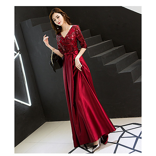 

A-Line Sparkle Elegant Wedding Guest Prom Formal Evening Dress V Neck Half Sleeve Floor Length Satin Sequined with 2021