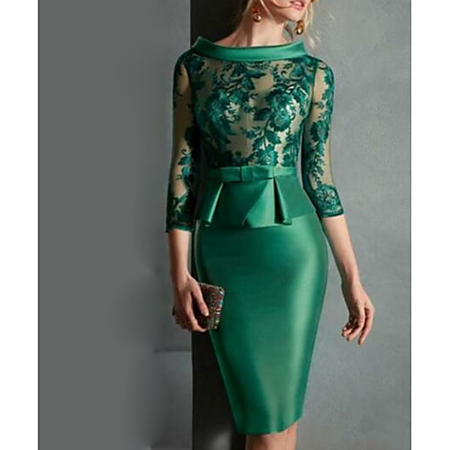 

Sheath / Column Peplum Wedding Guest Cocktail Party Dress Jewel Neck 3/4 Length Sleeve Knee Length Satin with Buttons Appliques 2021