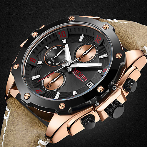 

MEGIR Men's Sport Watch Aviation Watch Analog Quartz Three-eye Six-needle Luxury Water Resistant / Waterproof Calendar / date / day Chronograph / Genuine Leather / Japanese