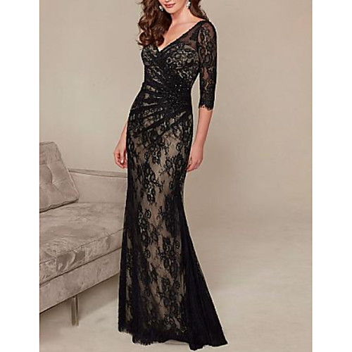 

Sheath / Column Open Back Formal Evening Dress Plunging Neck 3/4 Length Sleeve Floor Length Lace with Ruched 2021