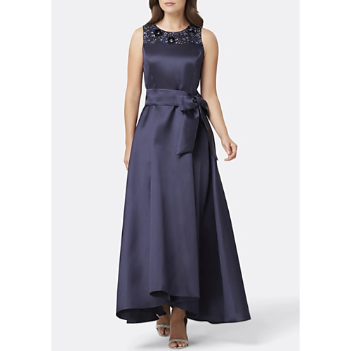 

A-Line Mother of the Bride Dress Elegant & Luxurious Jewel Neck Ankle Length Satin Sleeveless with Bow(s) Crystals 2021