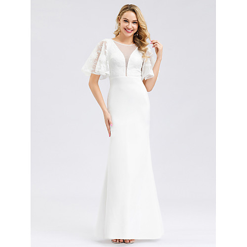 

Mermaid / Trumpet Wedding Dresses Jewel Neck Floor Length Spandex Lace Polyester Short Sleeve Simple Casual Illusion Detail Elegant with Lace Insert 2021
