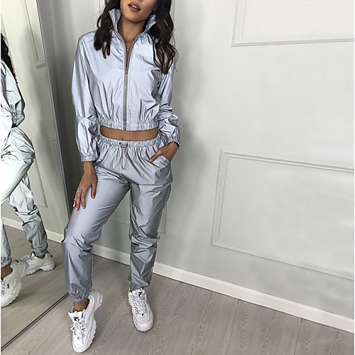 

Women's 2 Piece Quarter Zip Tracksuit Running Track Jacket Sweatsuit Casual Long Sleeve Reflective Windproof Breathable Fitness Running Jogging Sportswear Solid Colored Jacket Silver Activewear