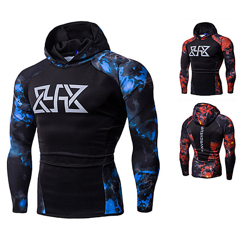 

Men's Long Sleeve Hoodie Compression Shirt Running Shirt Patchwork Hoodie Top Athletic Cotton Windproof Breathable Soft Fitness Running Jogging Sportswear Blue Red Activewear Micro-elastic