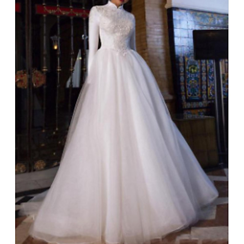 

A-Line Wedding Dresses High Neck Court Train Lace Satin Tulle Long Sleeve Vintage Plus Size with Lace Draping Appliques 2021