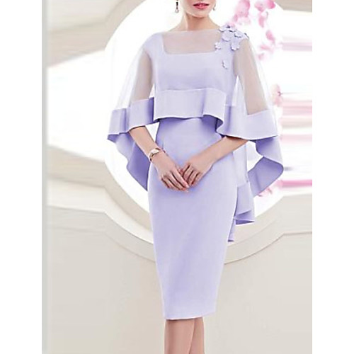 

Sheath / Column Mother of the Bride Dress See Through Bateau Neck Knee Length Satin Tulle Sleeveless with Ruffles Appliques 2021