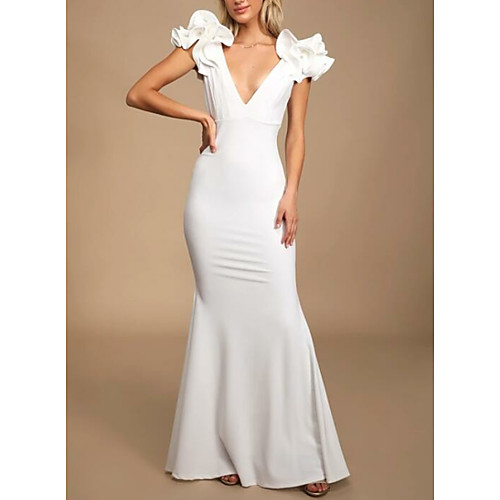 

Sheath / Column Elegant Formal Evening Dress Plunging Neck Sleeveless Floor Length Polyester with Cascading Ruffles 2021