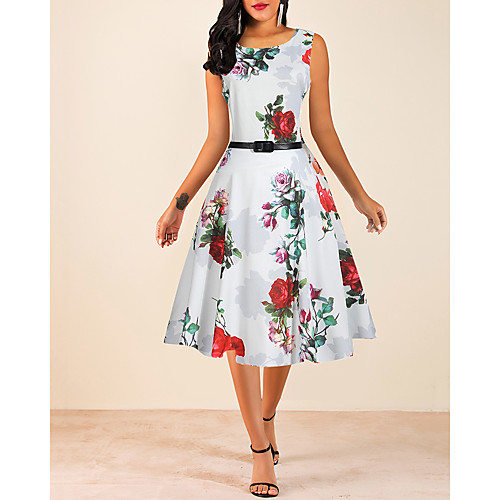 

Women's A Line Dress - Sleeveless Floral Print Print 1950s Vintage Going out White M L XL XXL