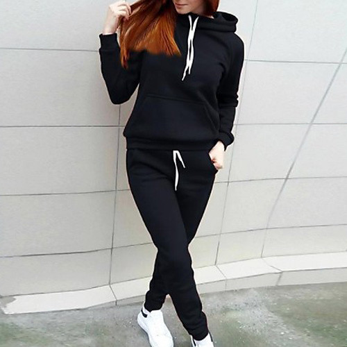 

Women's Active Solid Colored Two Piece Set Hooded Set Pant Tops