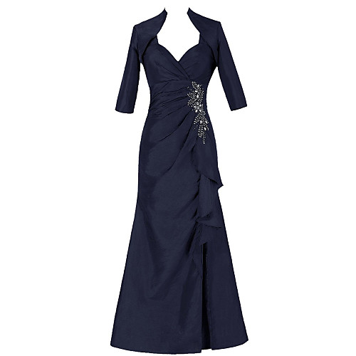 

Mermaid / Trumpet Mother of the Bride Dress Plus Size Straps Floor Length Taffeta Half Sleeve with Beading Ruching 2021