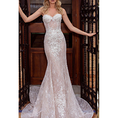 

Mermaid / Trumpet Wedding Dresses Strapless Court Train Lace Strapless with Draping Appliques 2021