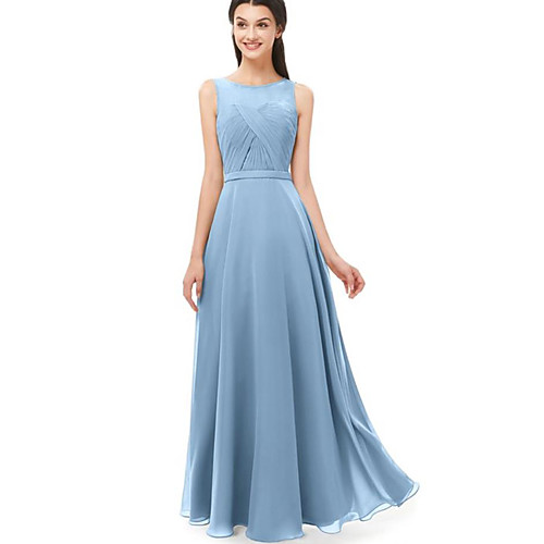 

A-Line Jewel Neck Floor Length Chiffon Bridesmaid Dress with Pleats / Ruching